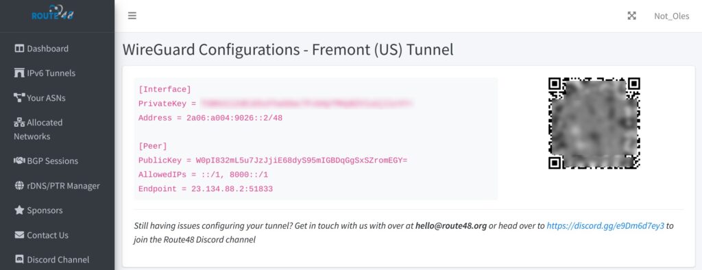 Route48 Wireguard IPv6Tunnel Configuration