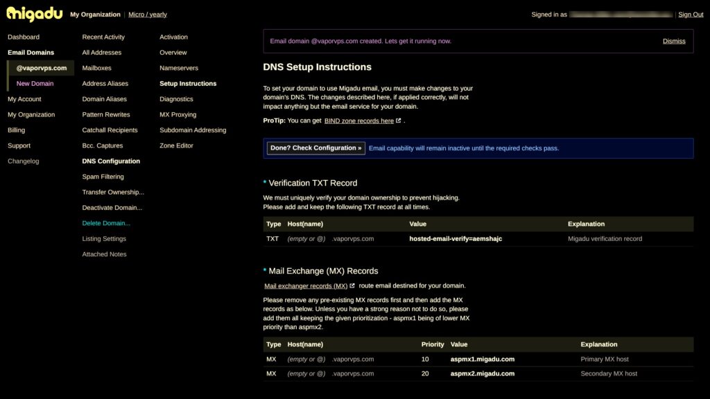 Migadu DNS Setup Page