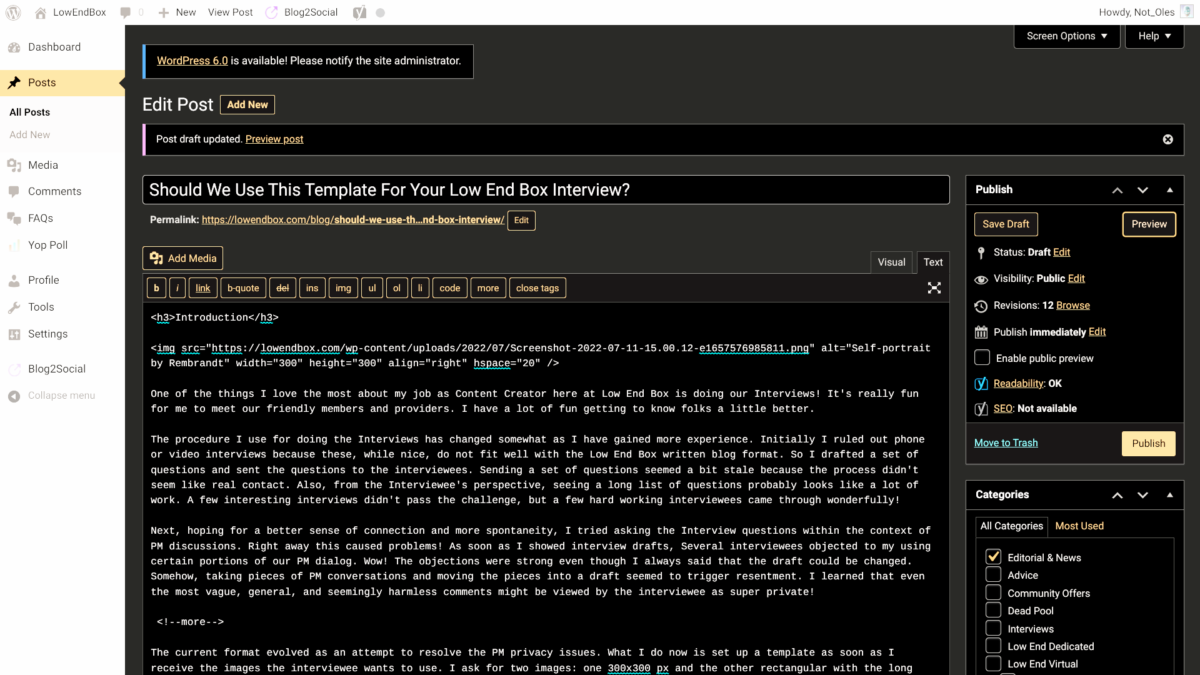 Screenshot of post draft inside of WP editor