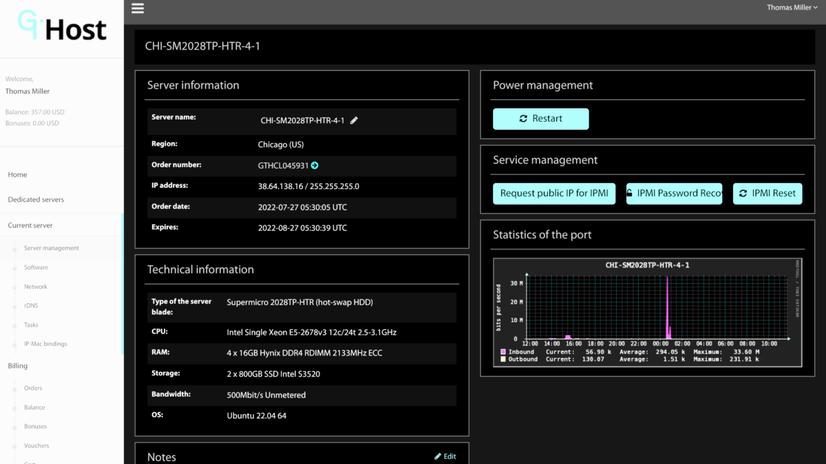 GTHost Control Panel showing installed server