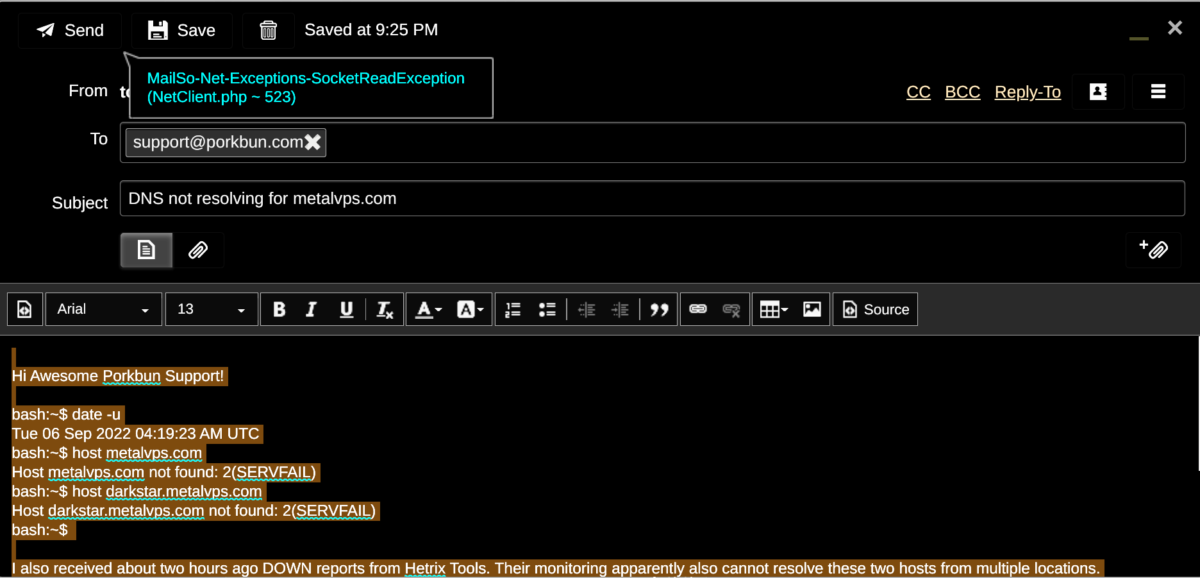 Email reporting DNS outage