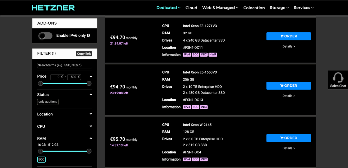 Screenshot of Hetzner Server Auction Listing