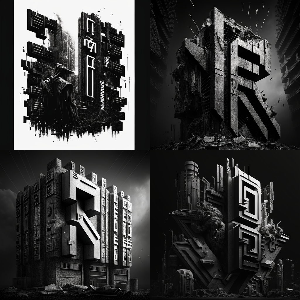 Cyberpunk runic letter for a dystopian maximalist propaganda. High detailed, 8k, monochrome, black and white, minimalism, brutalist architecture