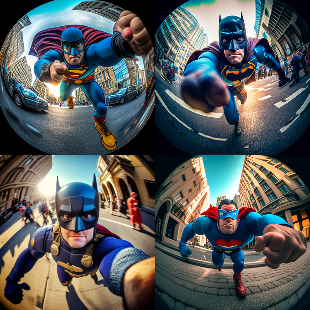 superhero taking selfie running from the police, vivid and intense, fisheye lens, 8k