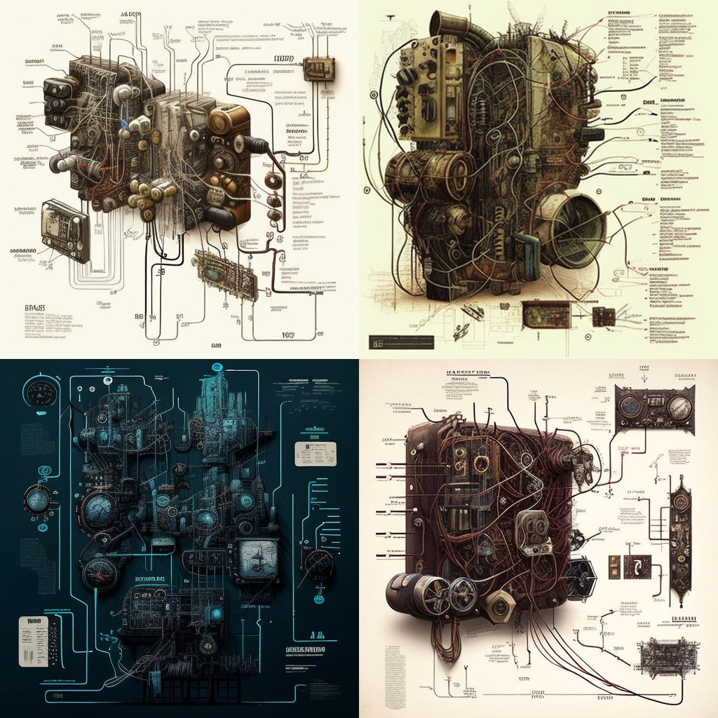 draw a diagram of many different IT components (some cutting edge cyberpunk, some very old steampunk) interacting with each other in complex ways and often failing