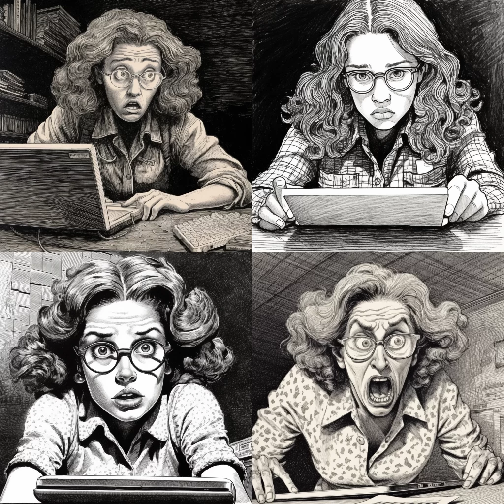 young entrepreneur angry about something she sees on her laptop in the style of Robert Crumb --v 5.1 --style raw