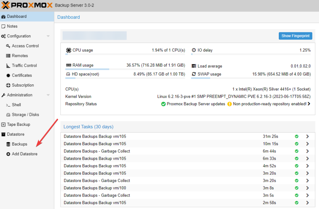 proxmox pbs dashboard