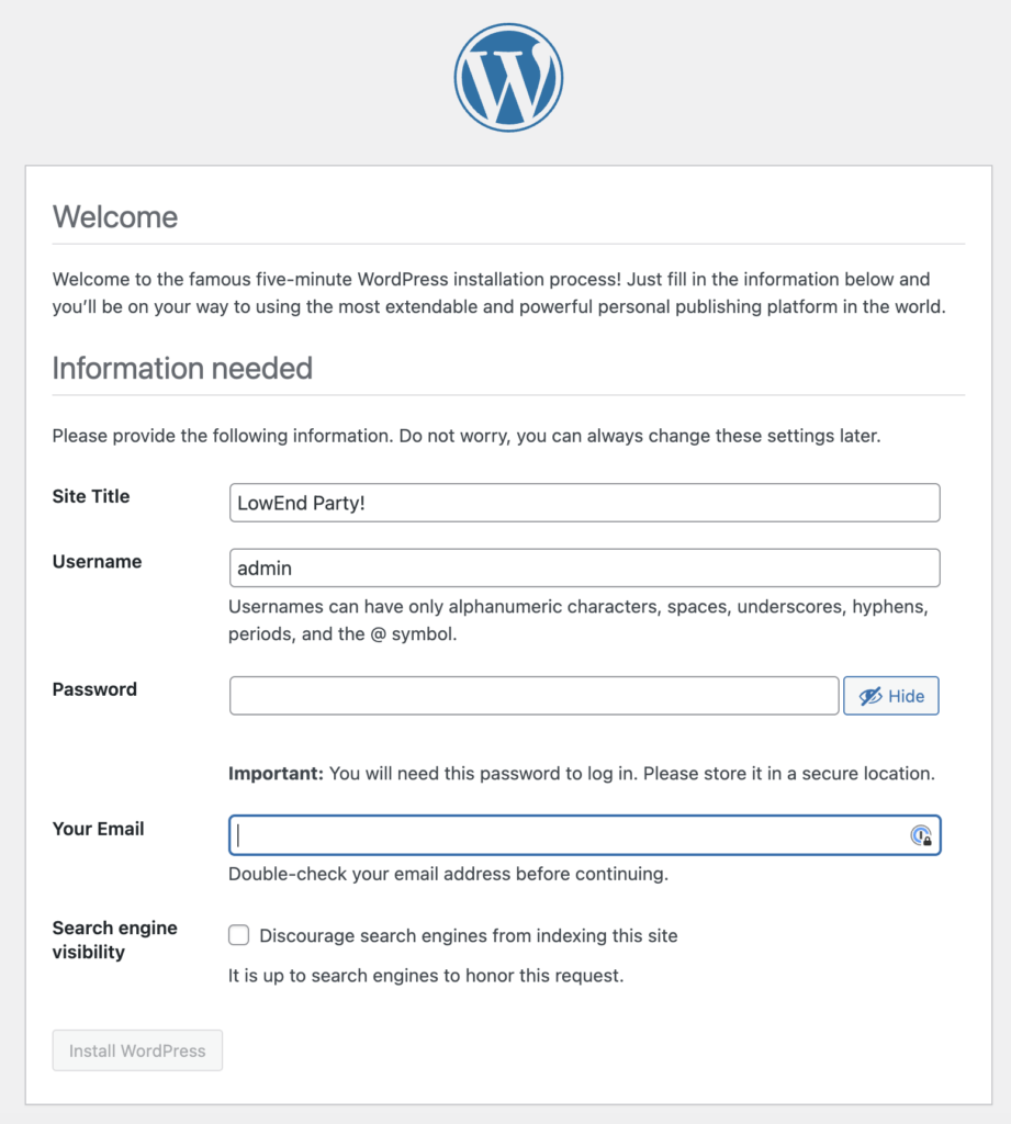 Wordpress Install